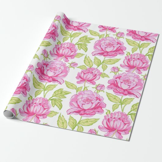 Pink Peony Floral Cadeaupapier (Uitgerold)