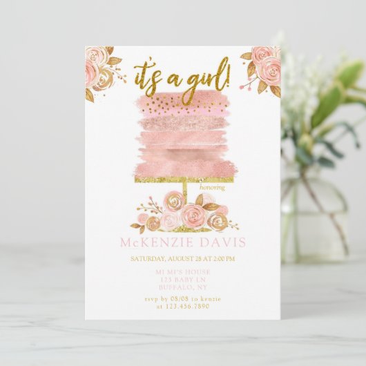 Pink Peony Floral Cake Girl Baby shower Kaart (Staand voorkant)