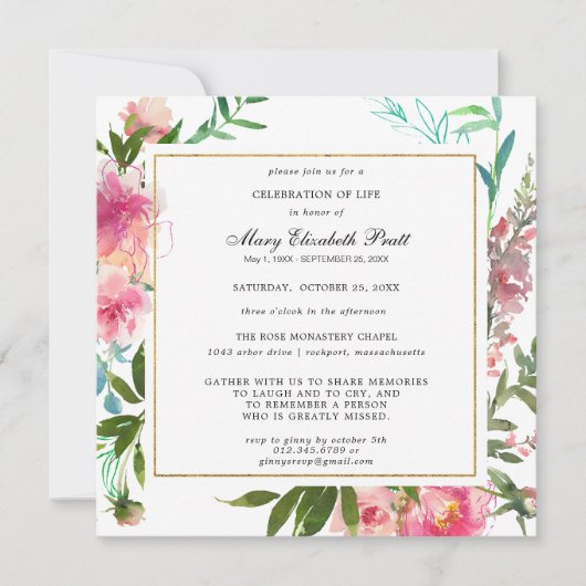  Pink Peony Floral Celebration of Life Kaart (Voorkant)