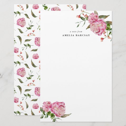 Pink Peony Floral Custom Stationery Briefpapier (Voorkant / Achterkant)