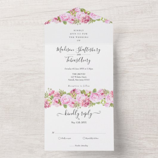 Pink Peony Floral Elegant Script Monogram Weddensc All In One Uitnodiging (Binnen)