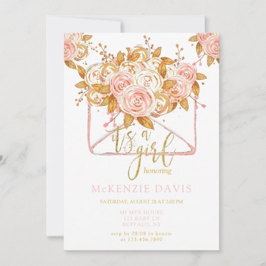 Pink Peony Floral Envelope Girl Baby shower Kaart (Voorkant)