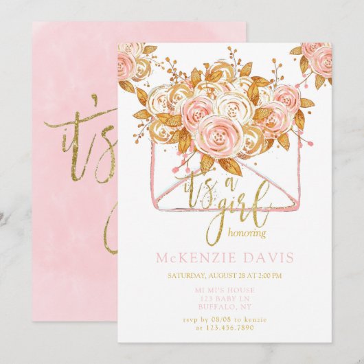 Pink Peony Floral Envelope Girl Baby shower Kaart (Voorkant / Achterkant)