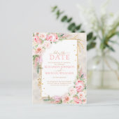 Pink Peony Floral Gold Script and Lijst Delay Date Briefkaart (Staand voorkant)