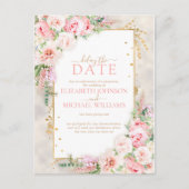 Pink Peony Floral Gold Script and Lijst Delay Date Briefkaart (Voorkant)