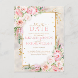 Pink Peony Floral Gold Script and Lijst Delay Date Briefkaart
