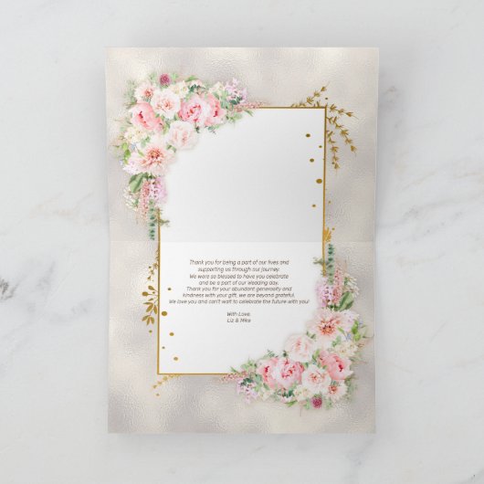 Pink Peony Floral Gold Script & Lijst Dank u Kaart (Binnen)