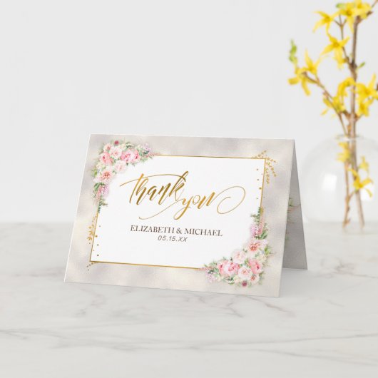 Pink Peony Floral Gold Script & Lijst Dank u Kaart (Gele Bloem)