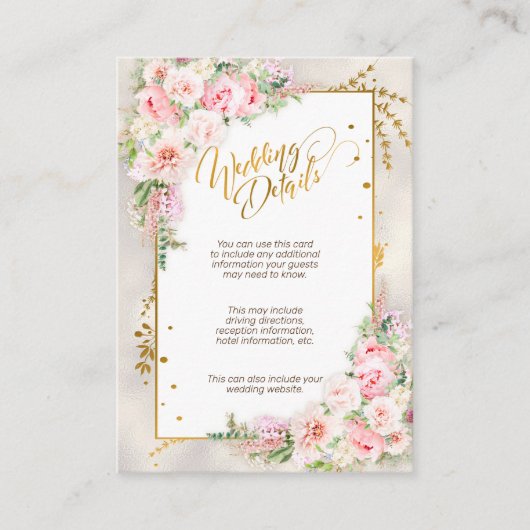 Pink Peony Floral Gold Script & Lijst Details Informatiekaartje (Voorkant)