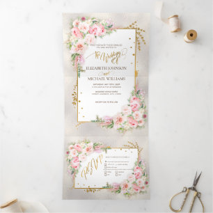 Pink Peony Floral Gold Script & Lijst Drieluik Uitnodiging