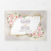 Pink Peony Floral Gold Script & Lijst Drieluik Uitnodiging (Cover)
