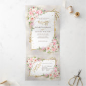 Pink Peony Floral Gold Script & Lijst Drieluik Uitnodiging (Binnen)