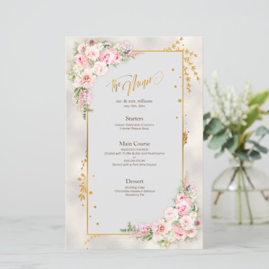 Pink Peony Floral Gold Script & Lijst Weddenschap  (Staand voorkant)