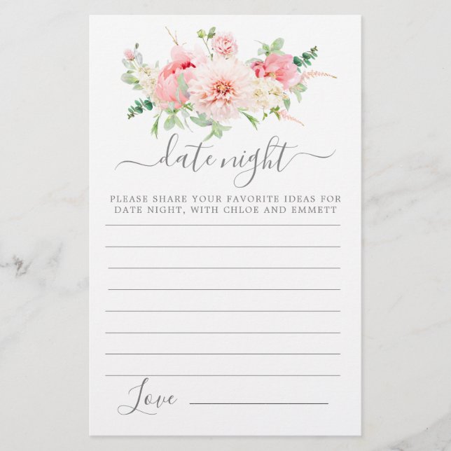 Pink Peony Floral Greenery Date Night Card (Voorkant)