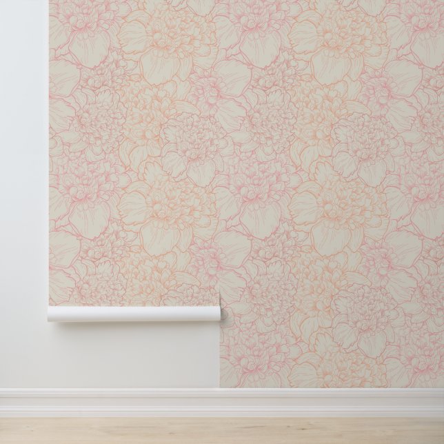 Pink Peony Floral Pattern Behang (Applicatie)