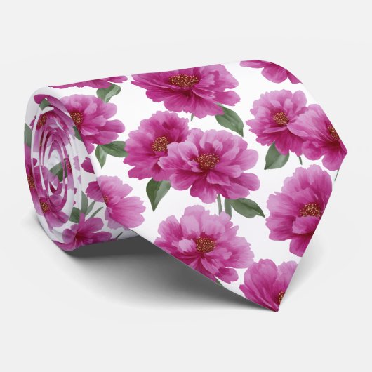 Pink Peony Floral Pattern Stropdas (Opgerold)