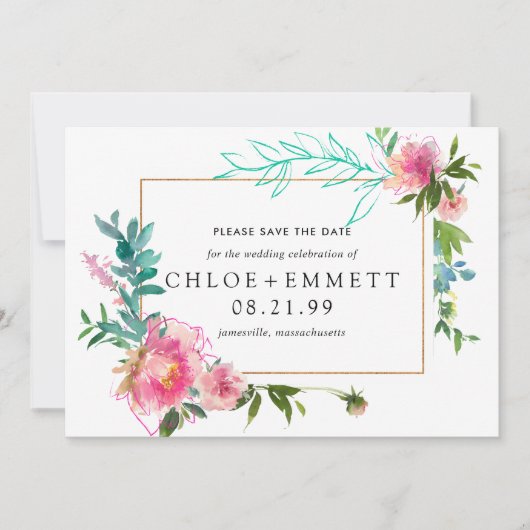 Pink Peony Floral Save the Date Invitation (Voorkant)