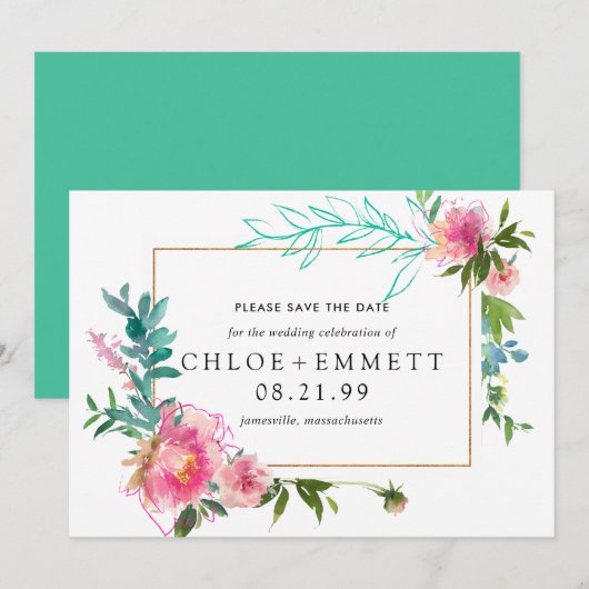 Pink Peony Floral Save the Date Invitation (Voorkant / Achterkant)