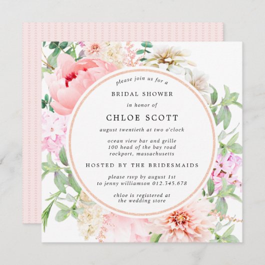 Pink Peony Floral Square Bridal Shower Uitnodiging (Voorkant / Achterkant)