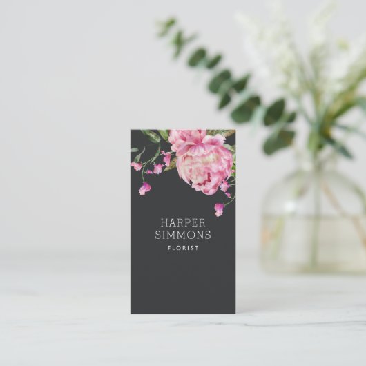 Pink Peony Floral Visitekaartje (Staand voorkant)