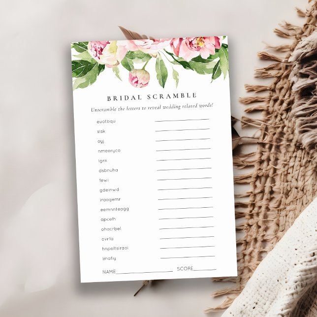 Pink Peony Floral Vrijgezellenfeest Word Scramble  (Creator heeft geüpload)