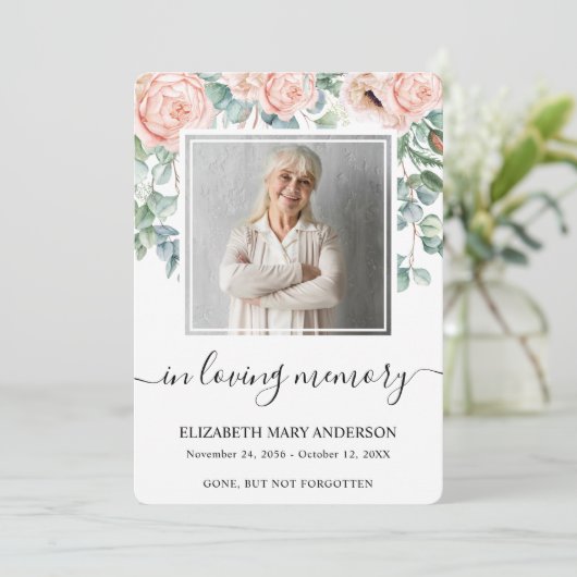 Pink Peony Floral Waterverf Funeral Prayer Card Bedankkaart (Staand voorkant)