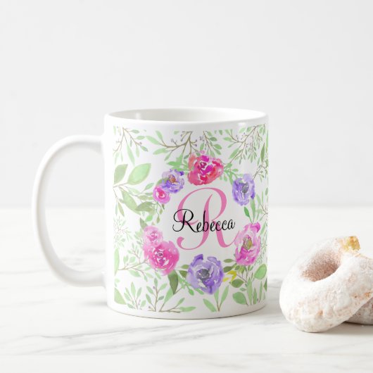 Pink Peony Floral Waterverf Monogram Koffiemok (Met donut)