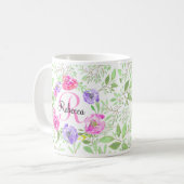 Pink Peony Floral Waterverf Monogram Koffiemok (Voorkant links)