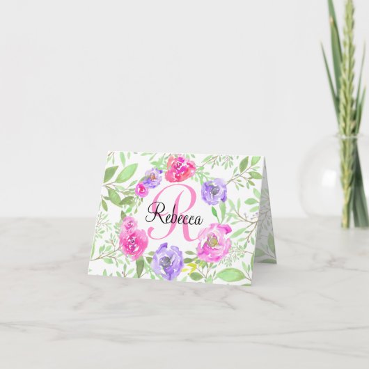 Pink Peony Floral Waterverf Monogram Notitiekaartje (Voorkant)
