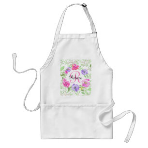 Pink Peony Floral Waterverf Monogram Standaard Schort