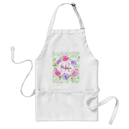 Pink Peony Floral Waterverf Monogram Standaard Schort (Voorkant)