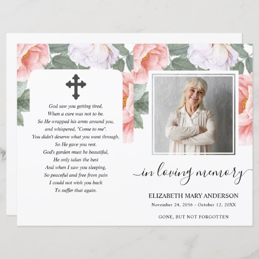 Pink Peony Floral Waterverf Photo Funeral Programm (Voorkant / Achterkant)