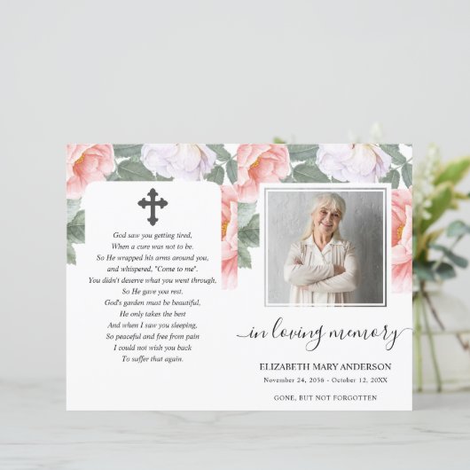 Pink Peony Floral Waterverf Photo Funeral Programm (Staand voorkant)