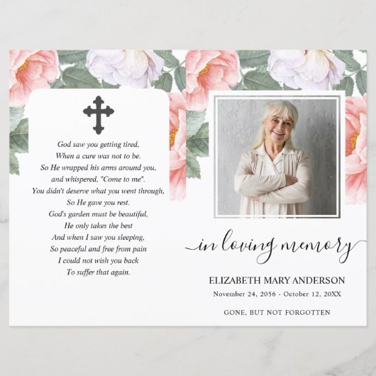 Pink Peony Floral Waterverf Photo Funeral Programm (Voorkant)