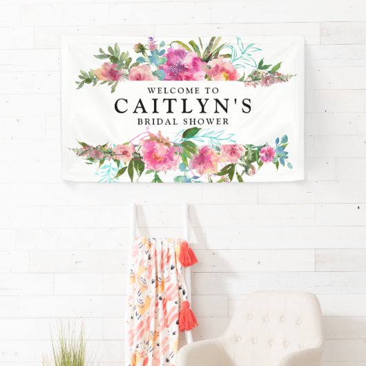 Pink Peony Floral Waterverf Vrijgezellenfeest Welk Spandoek (Insitu)