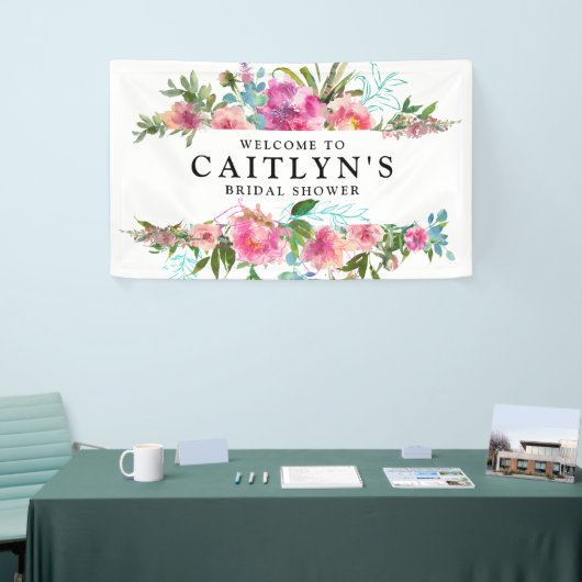 Pink Peony Floral Waterverf Vrijgezellenfeest Welk Spandoek (Beurs)