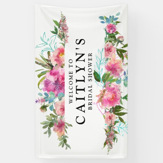 Pink Peony Floral Waterverf Vrijgezellenfeest Welk Spandoek (Verticaal)