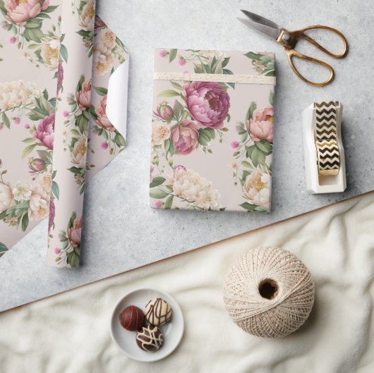 Pink Peony Floral Wreath Vrijgezellenfeest Cadeaupapier (Crafts)