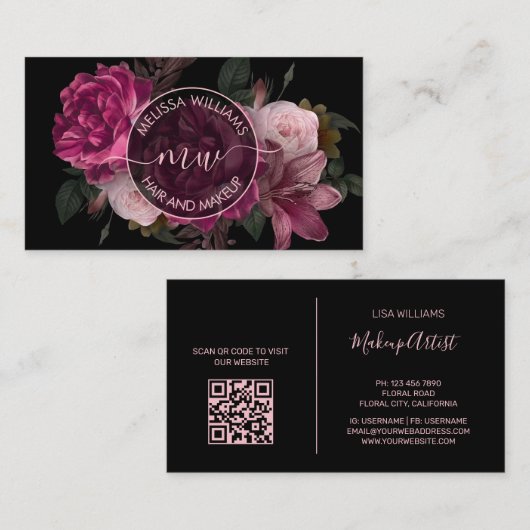 Pink Peony Flower Black Logo Visitekaartje (Voorkant / Achterkant)