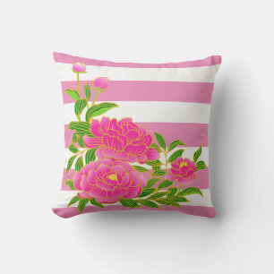Pink Peony Flower on Striped Background Summer Buitenkussen