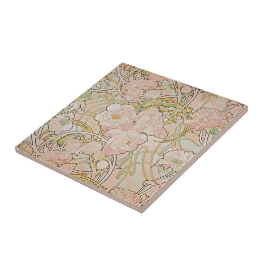 Pink Peony Flowers Alphonse Mucha Tegeltje (Zijkant)