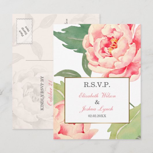Pink Peony Flowers bruiloft RSVP Uitnodiging Briefkaart (Voorkant / Achterkant)