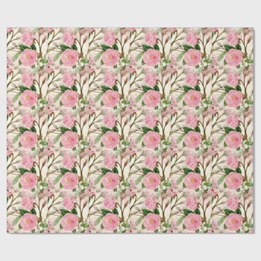 Pink Peony Flowers, Leaves & Buds Pattern Cadeaupapier (Vlak)
