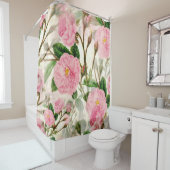 Pink Peony Flowers, Leaves & Buds Pattern Douchegordijn (In situ)