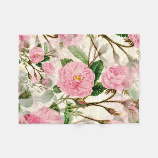 Pink Peony Flowers, Leaves & Buds Pattern Fleece Deken (Voorkant (Horizontaal))