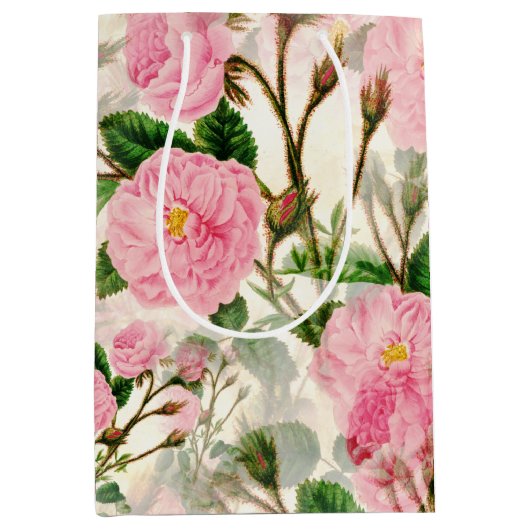 Pink Peony Flowers, Leaves & Buds Pattern Medium Cadeauzakje (Voorkant)