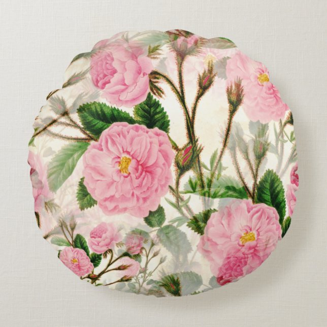 Pink Peony Flowers, Leaves & Buds Pattern Rond Kussen (Voorkant)