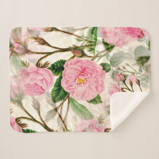 Pink Peony Flowers, Leaves & Buds Pattern Sherpa Deken (Voorkant (horizontaal))