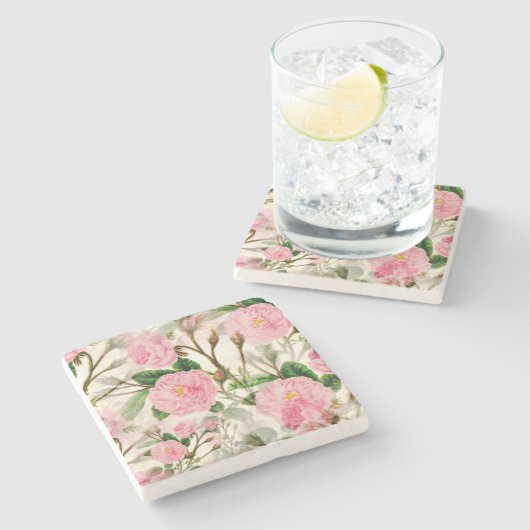 Pink Peony Flowers, Leaves & Buds Pattern Stenen Onderzetter (Zijkant)