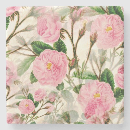 Pink Peony Flowers, Leaves & Buds Pattern Stenen Onderzetter (Voorkant)